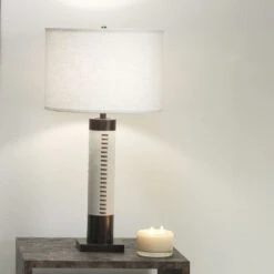 Sheridan 32 Inch 150.00 Watt White Hide & Oil Rubbed Bronze Metal Table Lamp Portable Light -Outlet Jamie Aura Store 1sher tlwh 4