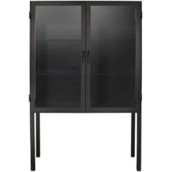 Chauncey Wide Black Iron & Clear Glass Curio Bar Cabinet