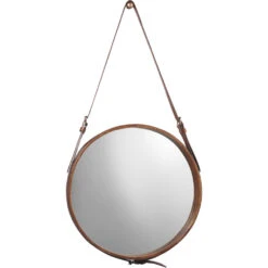 Round 16 X 16 Inch Brown Leather Wall Mirror