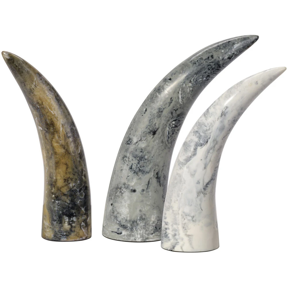Varigated Horn Swirled Cream And Black And Grey Resin Decorative Objects, Set Of 3 1 Varigated Horn Swirled Cream And Black And Grey Resin Decorative Objects, Set Of 3