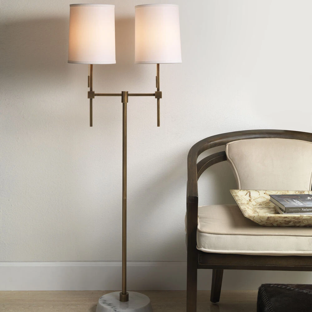 Minerva 52 Inch 40.00 Watt Antique Brass & White Marble Twin Shade Floor Lamp Portable Light 2 Minerva 52 Inch 40.00 Watt Antique Brass & White Marble Twin Shade Floor Lamp Portable Light - Image 2